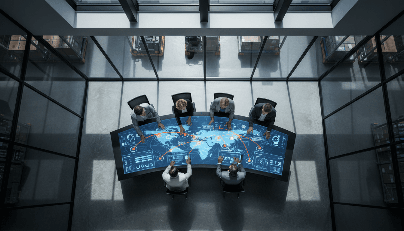 Logistics team collaborating around digital interface mapping regional distribution routes and shipment tracking in modern warehouse