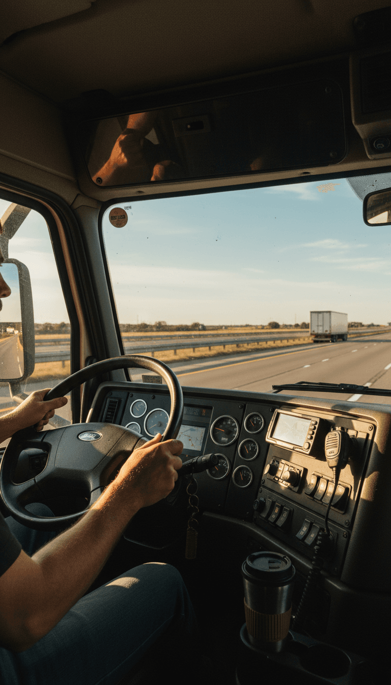 Professional truck driver gripping steering wheel, navigating highway in commercial semi-truck with golden sunlight