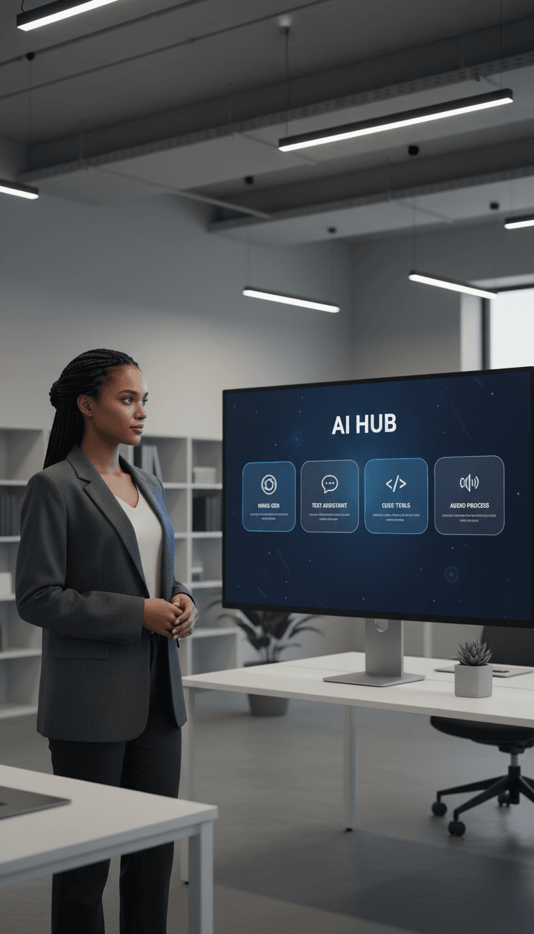 Diverse professional standing confidently before large monitor displaying dark-mode AI platform with organized tool cards and unified interface design