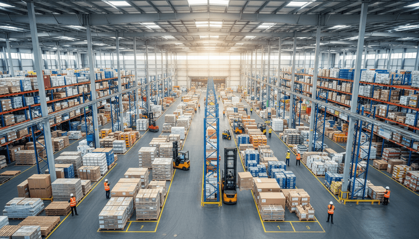 Modern warehouse distribution center with organized cargo, workers in safety vests coordinating shipments and pallets